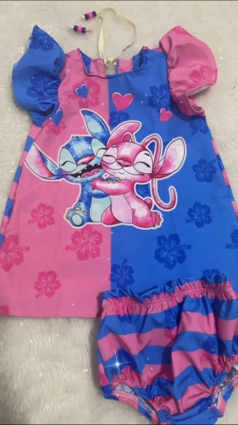 Vestido Cristal Baby Rosa Azul Stitch